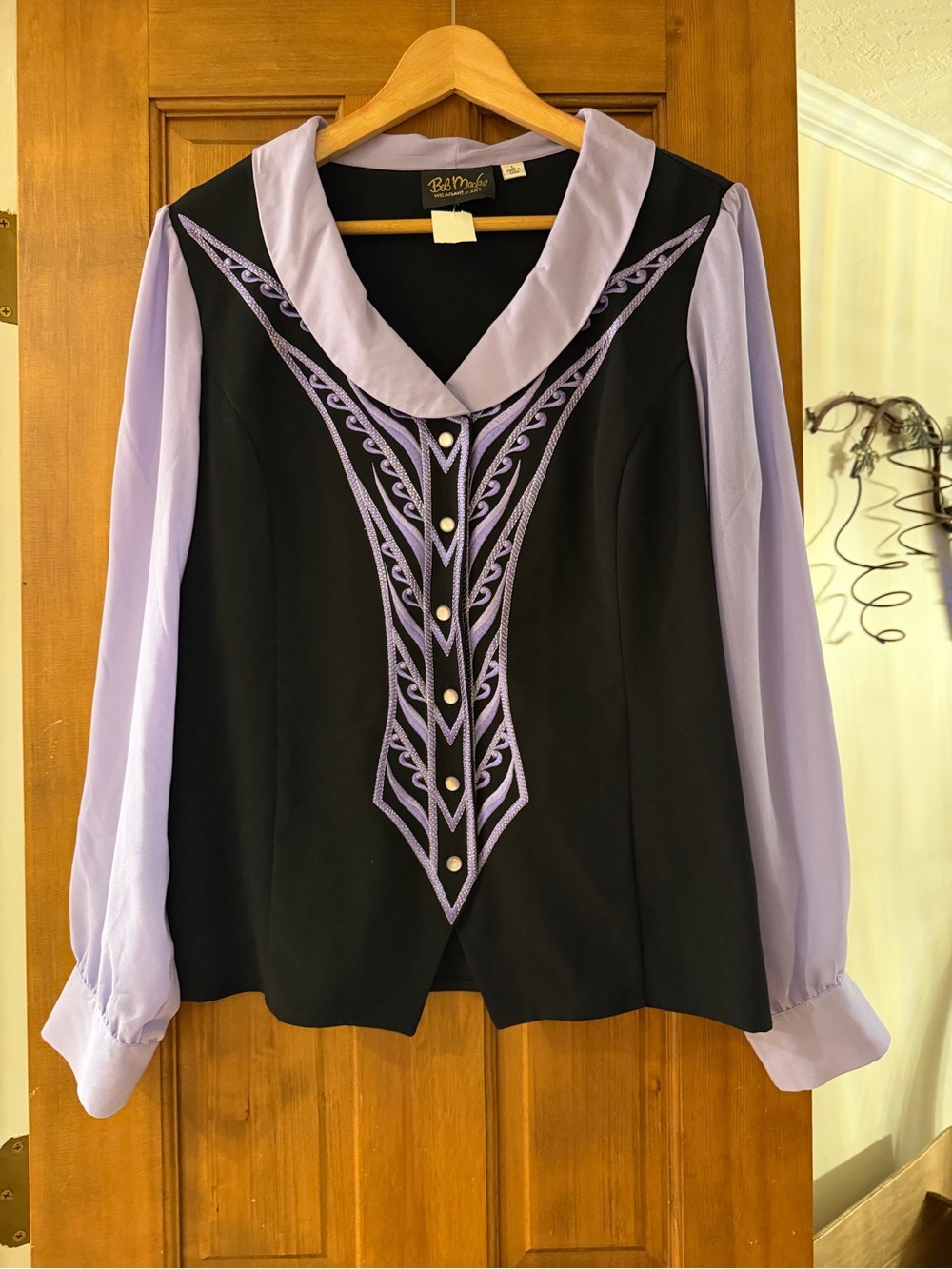 Bob Mackie Black and Lavender Embroidered V-Neck Blouse